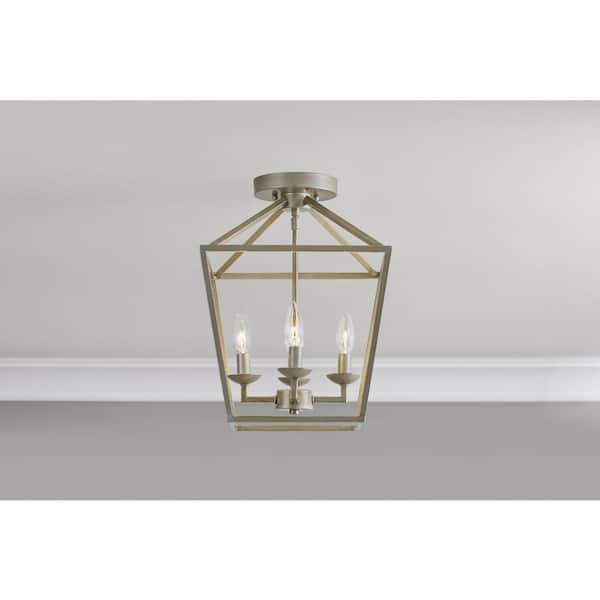 Weyburn 16.5 in. 4-Light Antique Silver Leaf Farmhouse Semi-Flush Mount Ceiling Light Fixture with Caged Metal Shade