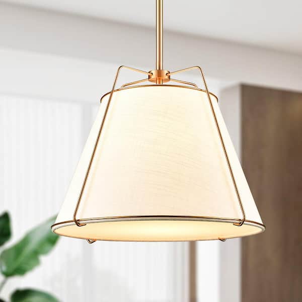 Lise 15 in. 1-Light Brushed Brass Chandelier with Fabric Shade