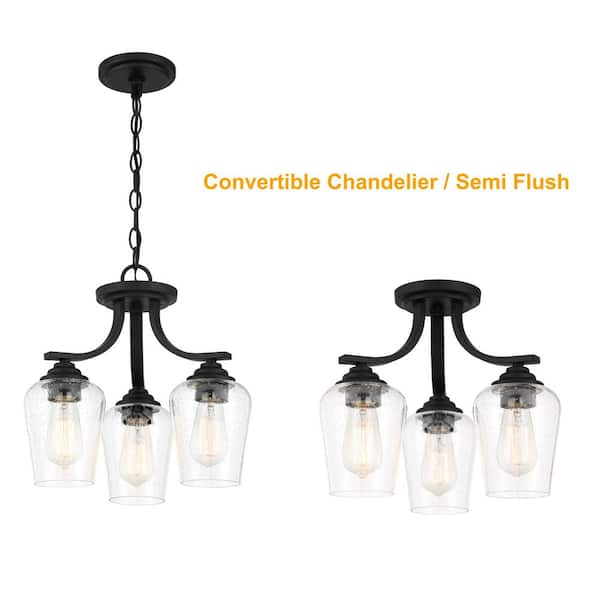 Shyloh 15.5 in. 3-Light Black Semi-Flush Mount to Chandelier with Clear Seeded Glass Shades