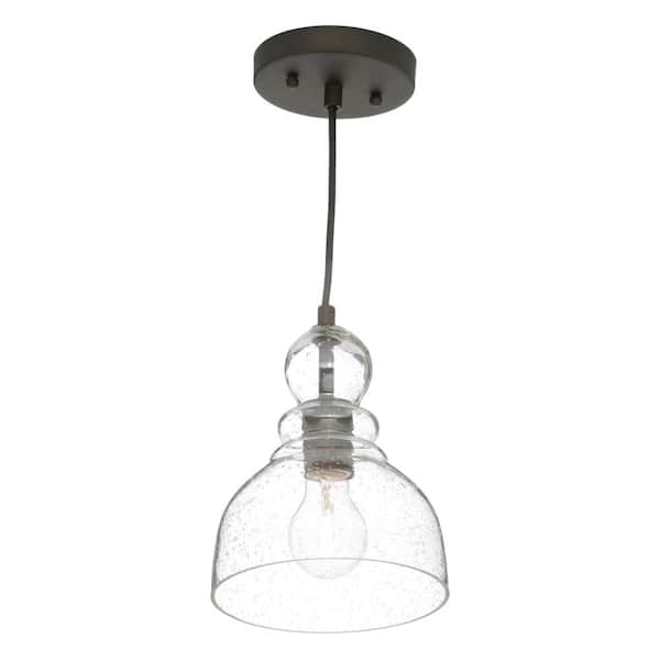 1-Light Oil Rubbed Bronze Adjustable Mini Pendant with Hand-Blown Clear Seeded Glass