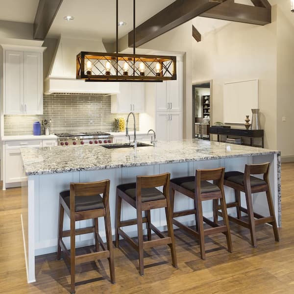 Wood Kitchen Chandelier 5-Light Linear Farmhouse Black Island Dining Room Chandelier Pendant with Rustic Rectangle Frame