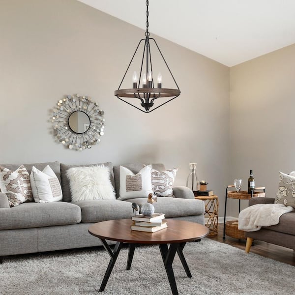 Modern Black Caged Chandelier 4-Light Brown Candlestick Rustic Foyer Chandelier Lamp with Faux Wood Accents