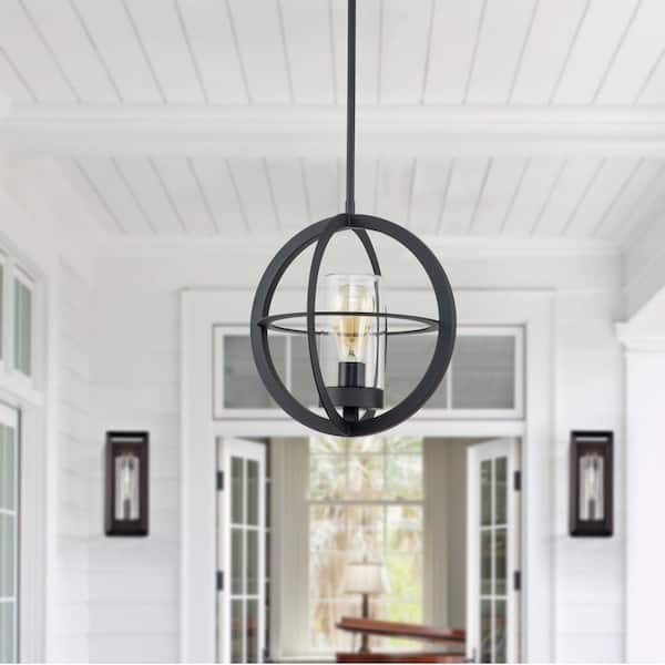 1-Light Matte Black Global Outdoor Pendant Light with Clear Glass Tube