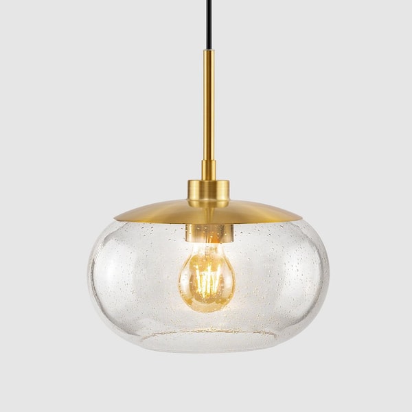 1-Light Modern Antique Brass Pendant Light with Seeded Glass Shade