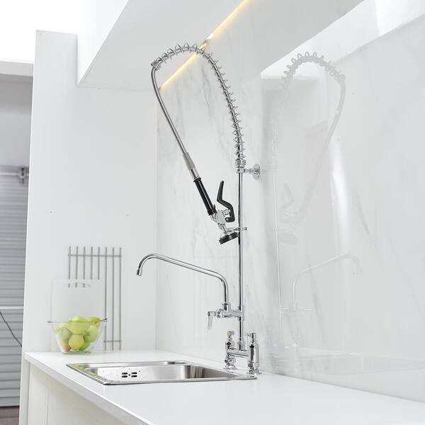 Commercial Restaurant Pull Down 2-Handle Wall Mount Pre-Rinse Spray Utility Kitchen Faucet in Polished Chrome