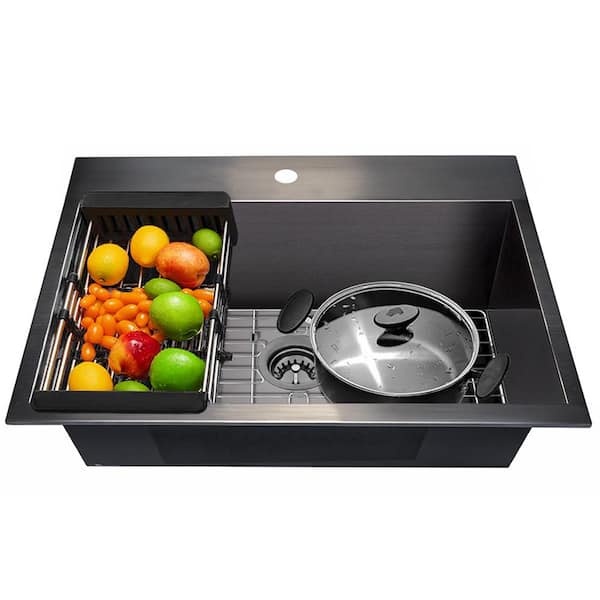 All-in-One Matte Black Finished Stainless Steel 25 in. x 22 in. Drop-In Single Bowl Kitchen Sink with Pull-Down Faucet