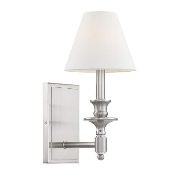 Washburn 7 in. W x 15 in. H 1-Light Satin Nickel Wall Sconce with White Linen Shade