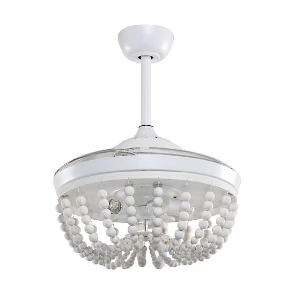 Huang 42 in. Wooden Beads Retractable 3-Blade White Ceiling Fan Chandelier with Remote Control and Light Kit