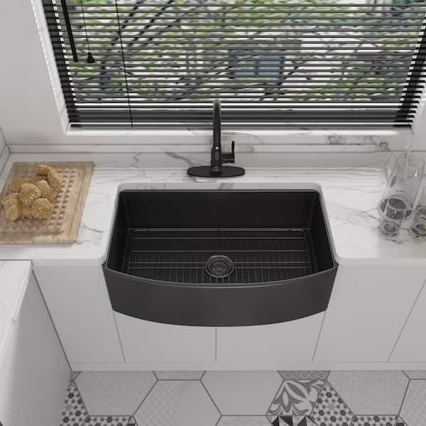 33 in. Farmhouse Apron Single Bowl Matte Black Fireclay Curved Design Kitchen Sink with Bottom Grid and Strainer