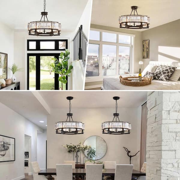 Modern Crystal Chandelier 26 in. 6-Light Black Drum Pendant Lighting Ceiling Semi Flush Mount