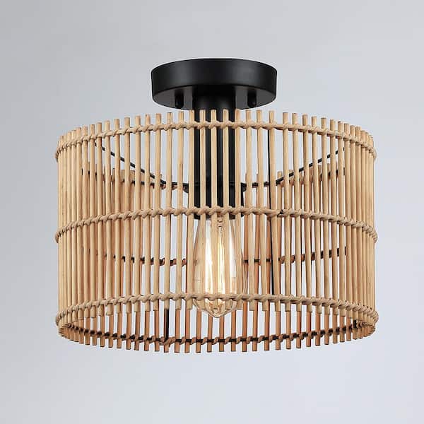 11.8 in. 1-Light Eclectic Natural Rattan and Bamboo Semi-Flush Mount Ceiling Light with Black Hardware