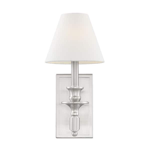Washburn 7 in. W x 15 in. H 1-Light Satin Nickel Wall Sconce with White Linen Shade