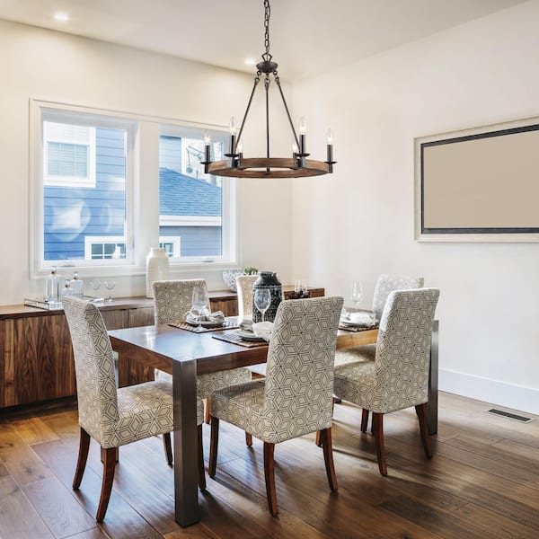 Farmhouse Wagon Wheel Chandelier, 6-Light Distressed Wood Circle Island Light, Rustic Bronze Dining Room Pendant Light