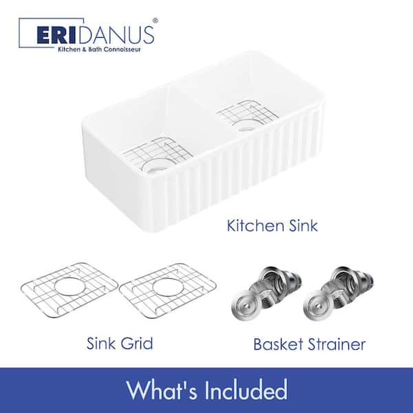 Brooklyn Crisp White Fireclay 33 in. Double Bowl Farmhouse Apron Kitchen Sink with Bottom Grid