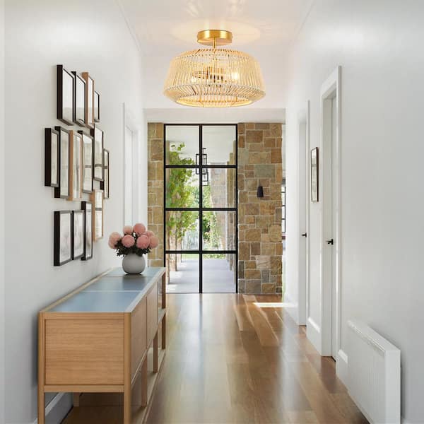 Bohe 14 in. 2-Light Rattan Semi-Flush Mount Ceiling Light with Brass Canopy