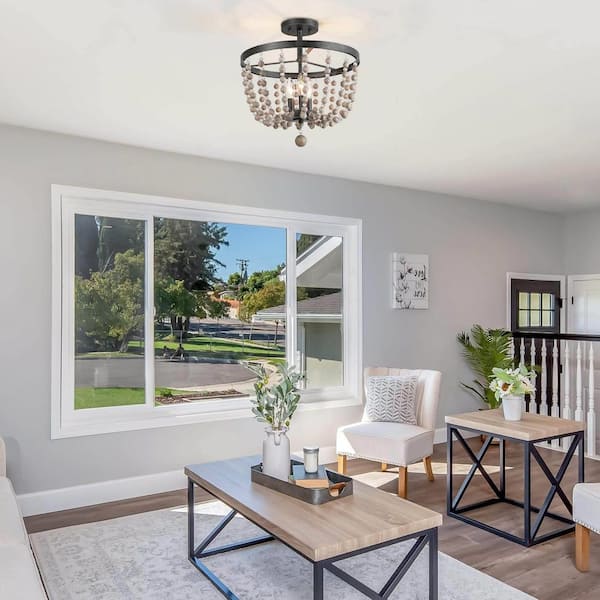 Boho 16 in. 3-Light Antique Black Rustic Empire Semi Flush Mount Kitchen Ceiling Light with Wood and Crystal Beads