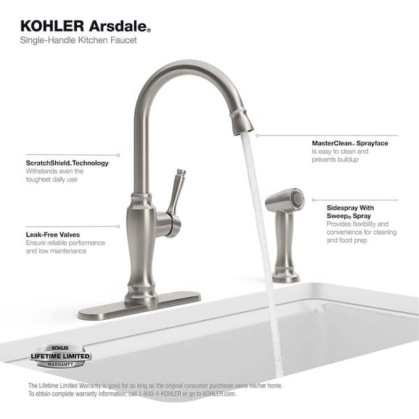 Arsdale Single-Handle Standard Kitchen Faucet with Swing Spout and Sidespray in Vibrant Stainless
