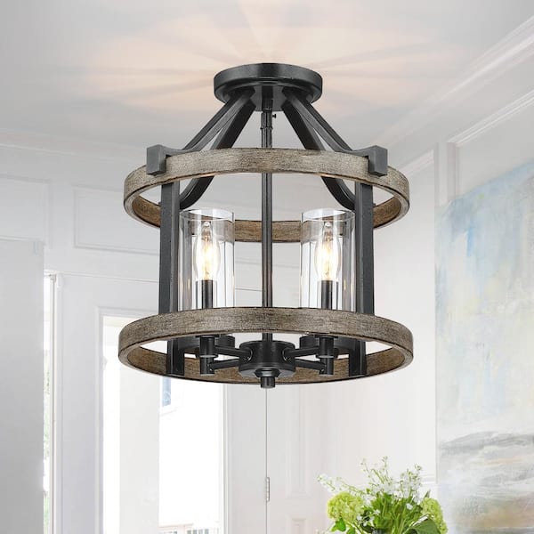 Madison 12.5 in. 4-Light Natural Iron and Distressed Faux Wood Modern Farmhouse Semi-Flush Mount Ceiling Light
