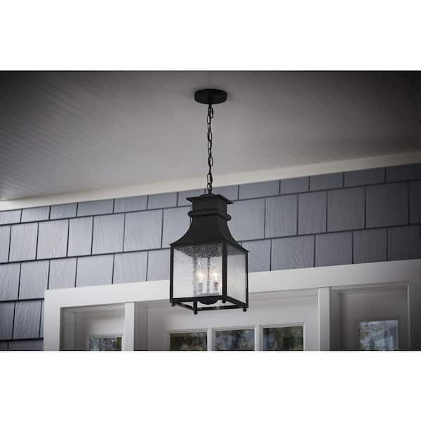 Rainbrook 2-Light Matte Black Outdoor Pendant Light Fixture with Seeded Glass