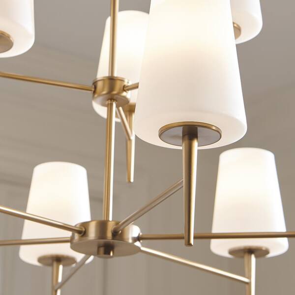 Driscoll 9-Light Satin Brass Mid-Century Modern Hanging Chandelier with Inside White Painted Etched Glass