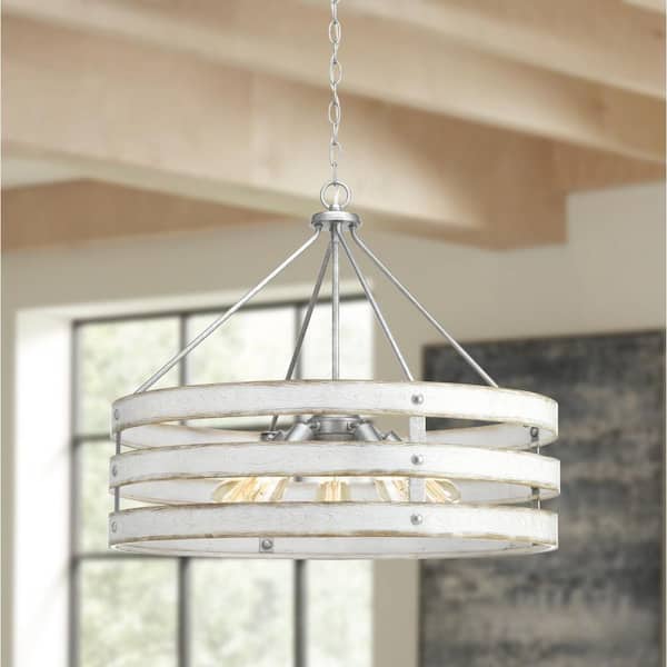 Gulliver 27-3/4 in. 5-Light Galvanized Drum Pendant with Weathered White Wood Accents