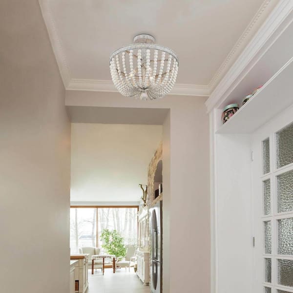 16 in. Modern Farmhouse Antique White Wood Beaded Semi-Flush Mount, 3-Light Bohemian Round Basket Ceiling Lighting