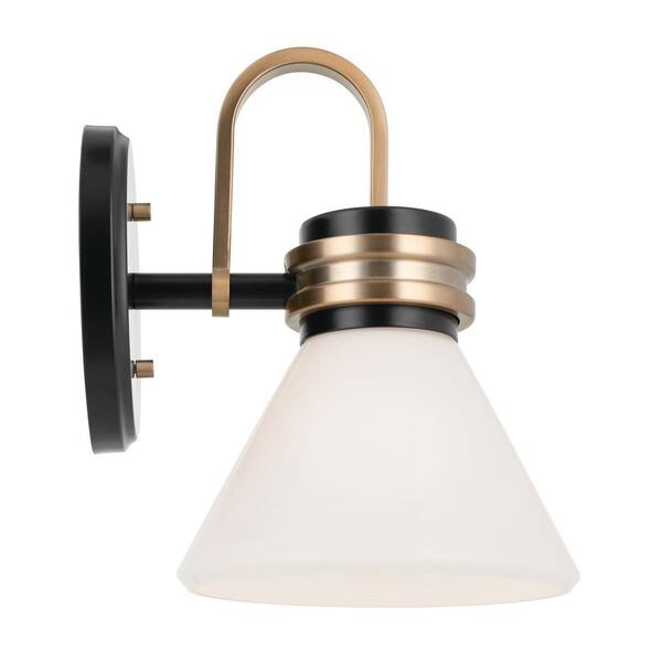Farum 9.5 in. 1-Light Black with Champagne Bronze Bathroom Wall Sconce Light with Opal Glass Shade