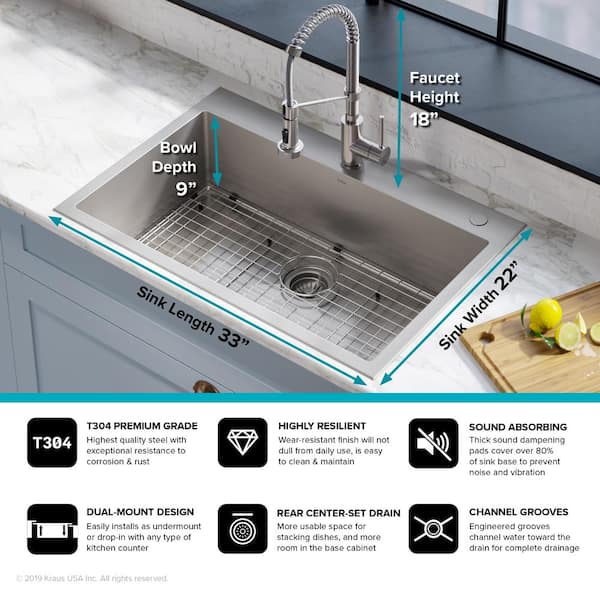 Loften Stainless Steel 33in. Single Bowl Drop-in / Undermount Kitchen Sink with Stainless Steel Pull Down Faucet