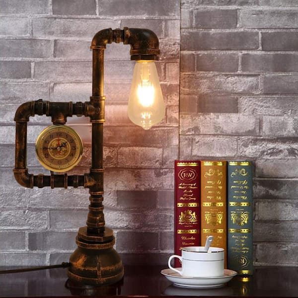 17 .3 in. H. Antique Brass Steampunk Industrial Retro Metal Water Pipe Table Lamp with Clock Style