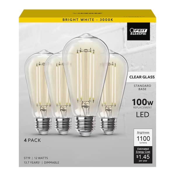 100-Watt Equivalent ST19 Dimmable Straight Filament Clear Glass E26 Vintage Edison LED Light Bulb, Bright White(16-Pack)