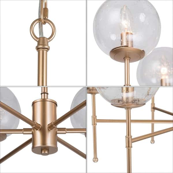 Mid-Century Dining Room Chandelier 6-Light Modern Brass Gold Candlestick Chandelier with Seeded Glass Shades