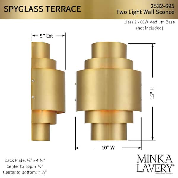 Spyglass Terrace 2-Light Soft Brass Geometric Wall Sconce with Soft Brass Shade