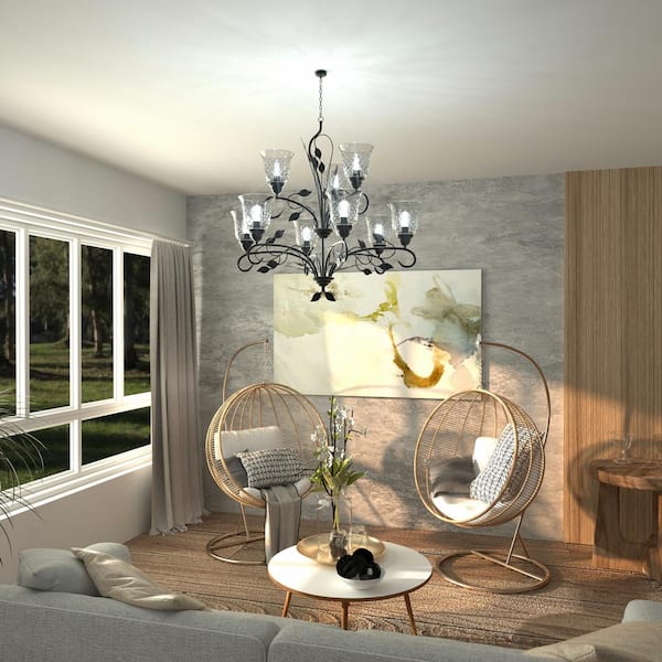 9-Light Oil Rubbed Bronze Traditional Candle Style Empire Chandelier with Clear Water Wave Glass Shade