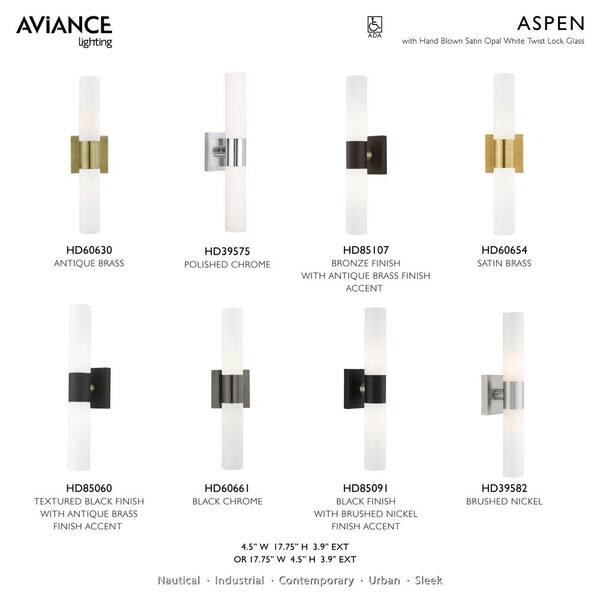 Aspen 2 Light Textured Black ADA Wall Sconce with Hand Blown Satin Opal White Twist Lock Glass