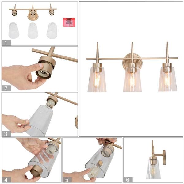 Farmhouse Gold Bathroom Vanity Light, Dule 3-Light Modern Bell Brass Vanity Light Bar with Clear Glass Shades