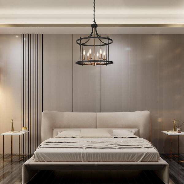LEPETOS Modern Farmhouse 6-Light Matte Black Chandelier Drum Island Ceiling Light with Brass Candlestick Lamp Holders