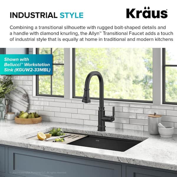 Allyn Transitional Industrial Pull-Down Single Handle Kitchen Faucet in Matte Black