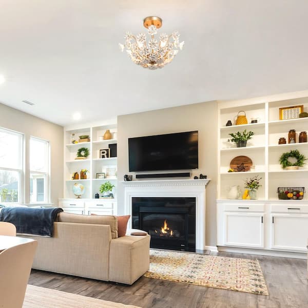 Mid-Century Modern Center Bowl Ceiling Light 3-Light Brass Gold Semi-Flush Mount Light with Handcraft Ceramic Flowers