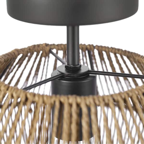 12 in. 1-Light Matte Black Flush Semi-Flush Mount Ceiling Light with Natural Twine Shade