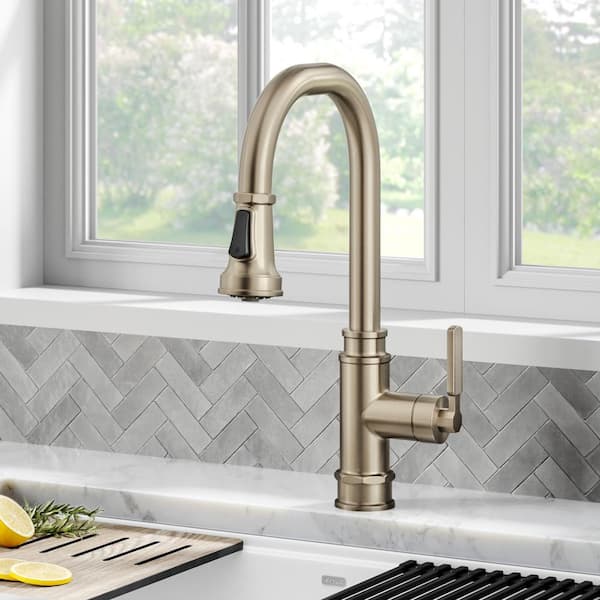 Allyn Transitional Industrial Pull-Down Single Handle Kitchen Faucet in Spot-Free Antique Champagne Bronze