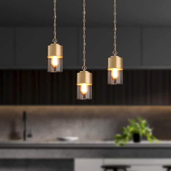 Mid-Century Cylinder Kitchen Island Hanging Pendant Light 1-Light Brass Gold Modern Pendant Light with Clear Glass Shade