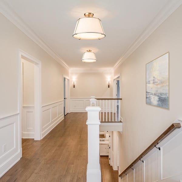 Haven 16.9 in. 4-Light Brushed Brass/White Swag Semi-Flush Mount with White Fabric Shade and No Bulbs Included