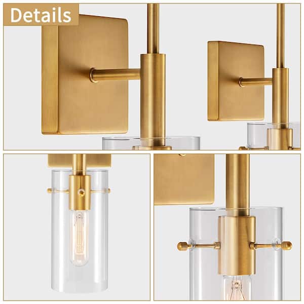 1-Light Gold Cylindrical Armed Sconce Set with Glass Shade (Set of 2)