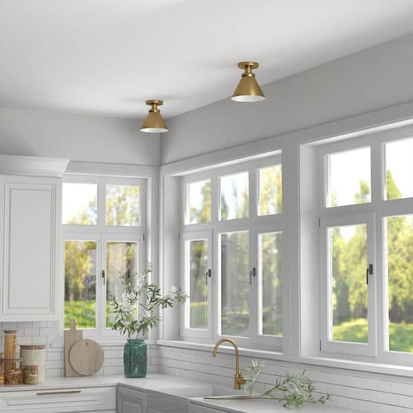 Zeno 8.63 in. Brushed Brass Semi Flush Mount with Metal Shade