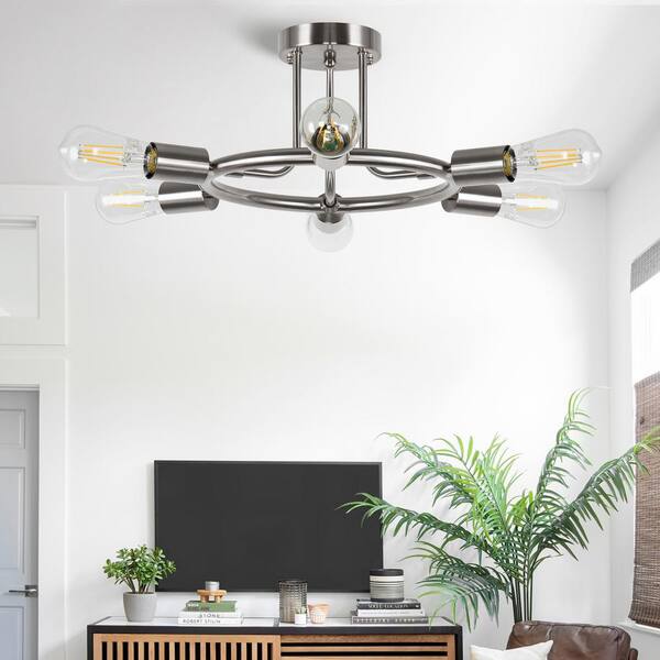 18.31 in. 6-Light Brushed Nickel Modern Sputnik Semi Flush Mount Ceiling Light, Wagon Wheel Design Chandelier Hallway