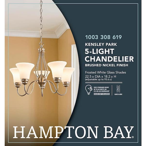 Kensley Park 5-Light Classic Traditional Brushed Nickel Hanging Candlestick Chandelier with Frosted White Shade