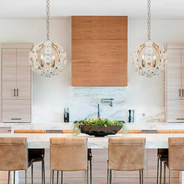 Modern Globe Dining Room Chandelier 3-Light Gold Chandelier Light with White Ceramics Flowers