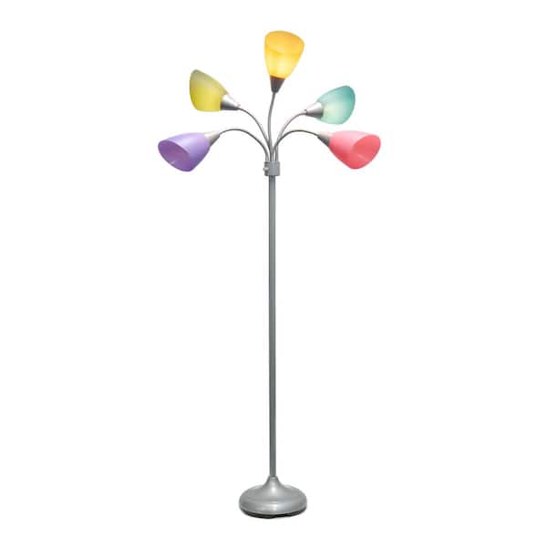 67 in. Silver and Fun Multi-Colored 5-Light Adjustable Gooseneck Floor Lamp with Plastic Shades