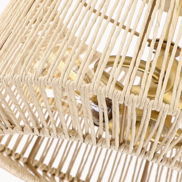 Bohe 14 in. 2-Light Rattan Semi-Flush Mount Ceiling Light with Brass Canopy