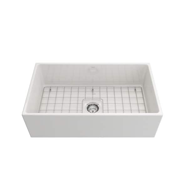 Contempo Farmhouse Apron Front Fireclay 33 in. Single Bowl Kitchen Sink with Bottom Grid and Strainer in White